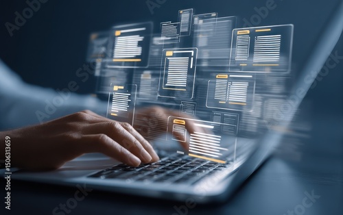 Hands typing on laptop, generating holographic documents