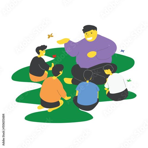 illustration of a person sharing knowledge with younger children, vector eps 10