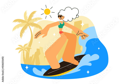 Summer Surfing Vector Illustration of Water Sports Activities, Featuring Surfboards Riding Ocean Waves or Floating in a Flat Style Cartoon Background