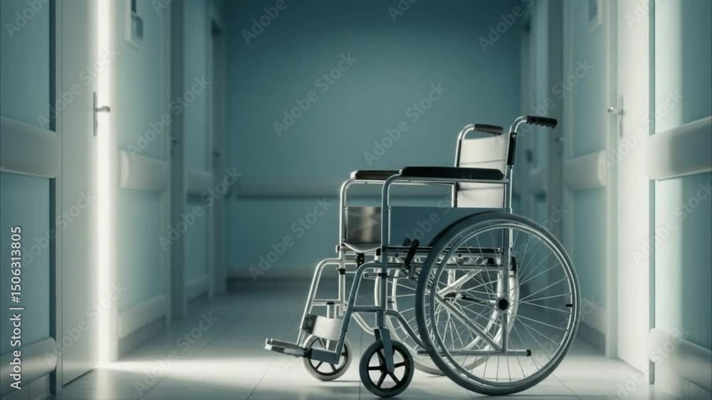 Empty Wheelchair in Hospital Corridor Under Soft Light Empty Wheelchair in Hospital Corridor Under Soft Light