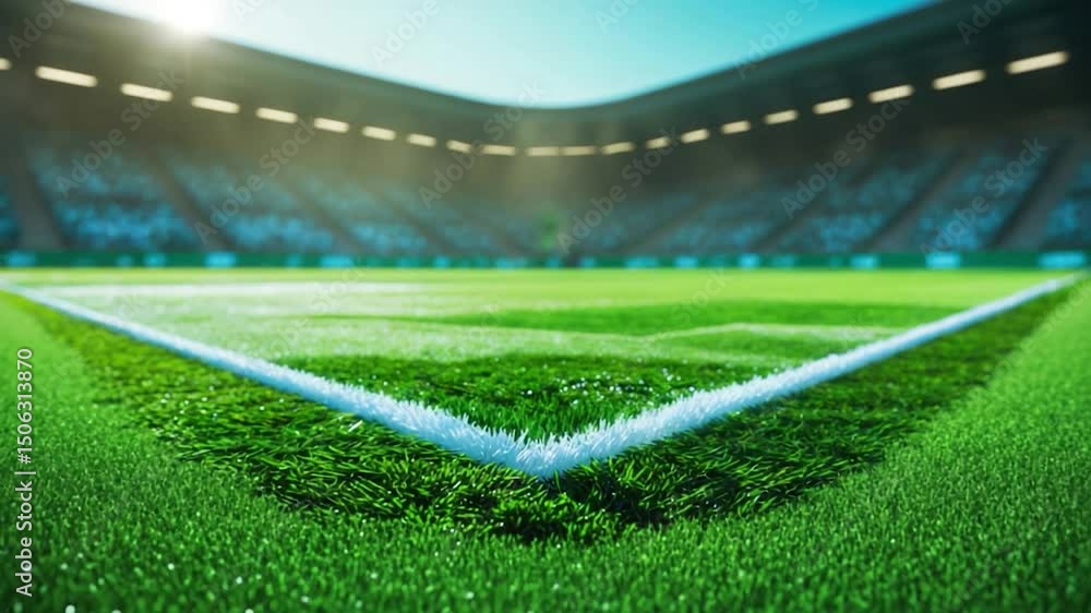 Vibrant close-up of a soccer field with a pristine, bright green grass surface and well-defined white lines, illuminated by sunlight, capturing the essence of an energetic sporting atmosphere.