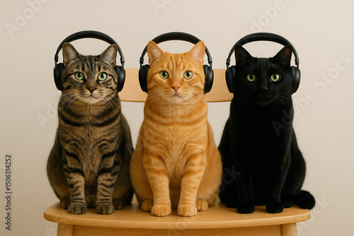 Tabby, Ginger, and Black Cats Listening to Music Together on a Chair - Generative AI