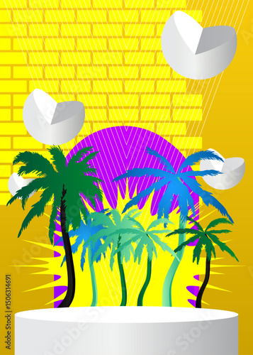 Mockup product display with Palm Tree. Vector cylinder pedestal podium. Stage showcase for presentation. Minimal geometric forms.