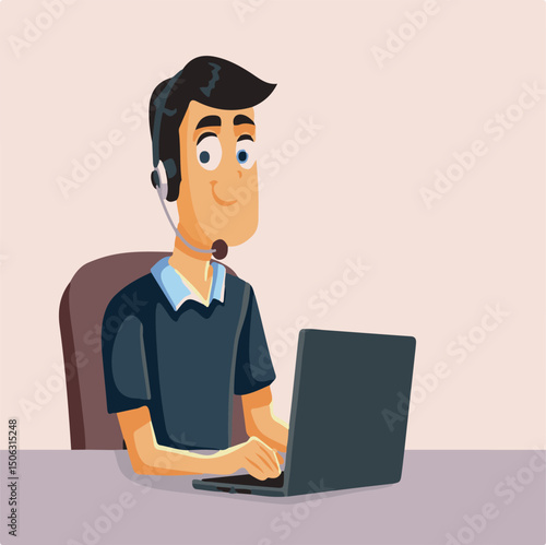 business man with laptop - Telemarketing Team Vector Illustration – Flat People Working with Headsets - Colorful and professional vector design of a team of telemarketers working with computers.