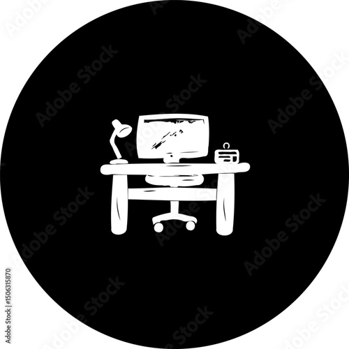 Isolated workstation silhouette in a circular frame evoking minimalist workspace design