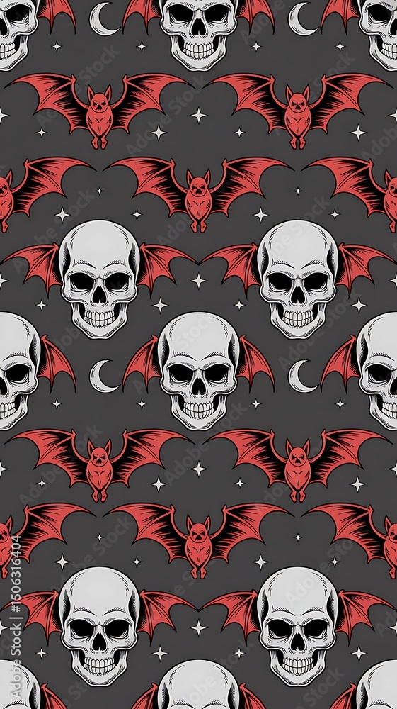 Spooky halloween skulls bats night seamless pattern Spooky halloween skulls bats night seamless pattern