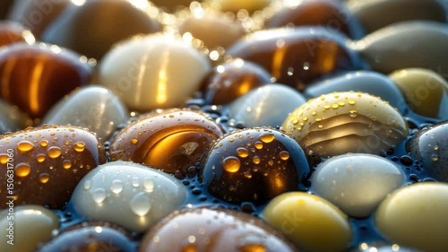 Glistening Pebbles in Water with Raindrops Reflecting Light in Earthy Tones of Brown, Blue, and Yellow, Creating a Serene Natural Aesthetic