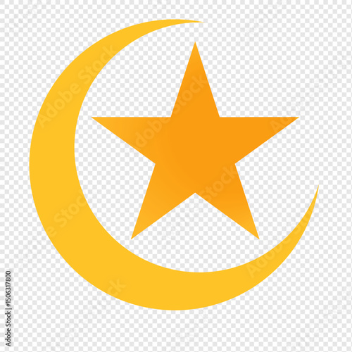 Crescent moon, golden stars and white clouds isolated on a blue background.
