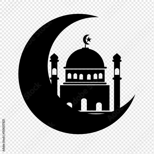 Ramadan Kareem greeting with mosque, crescent, stars and Arabic lanterns, vector banner. Islamic religious holiday Ramadan Kareem in mosque thin line art and Arabic lantern lights