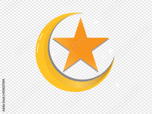 Crescent moon, golden stars and white clouds isolated on a blue background.