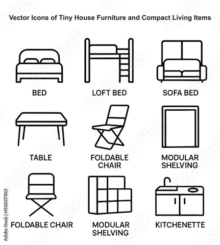 Black and White Vector Icons of Tiny House Furniture and Compact Living Items