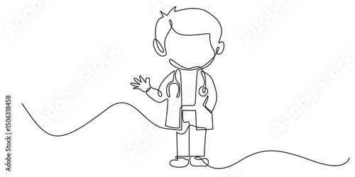 one continuous line of little doctor waving hand.one line drawing of cute doctor.child in doctor's clothes.minimalist line vector illustration