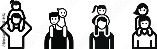 Vector silhouette of a child on parent's shoulders on a plain white background

