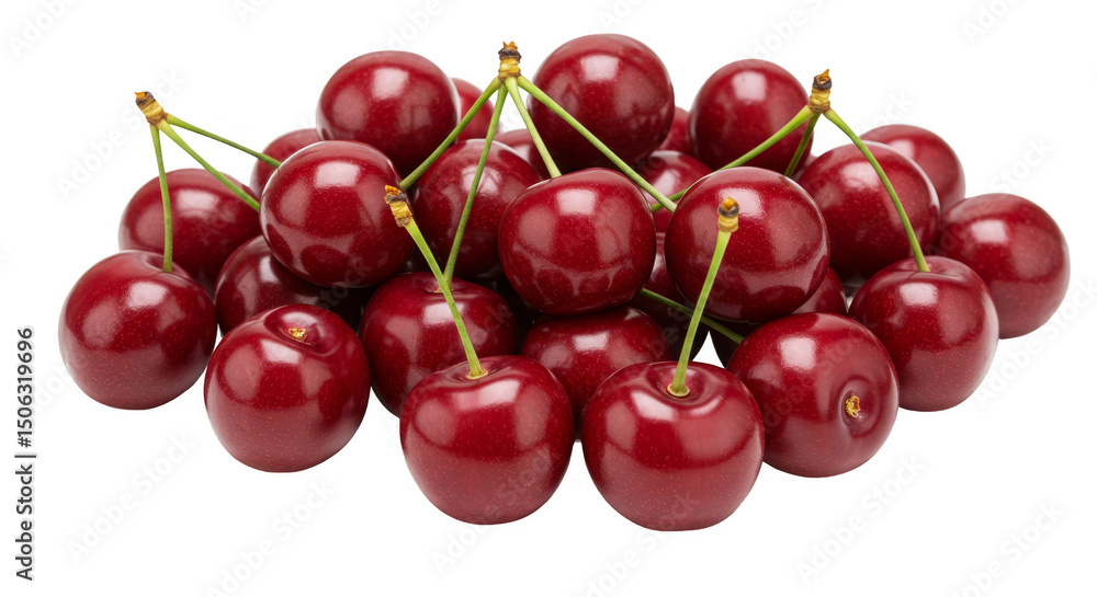 Isolated Photo of Ripe Red Cherries with Green Stems and Transparent Background Isolated Photo of Ripe Red Cherries with Green Stems and Transparent Background