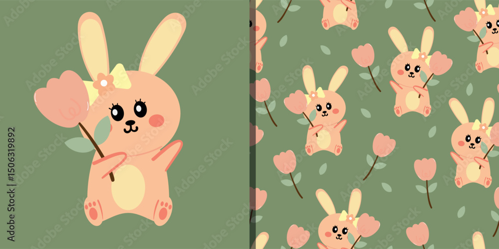Obraz premium Card and pattern cartoon bunny hold pink flower. cute animal pattern for wallpaper, background and gift wrap paper