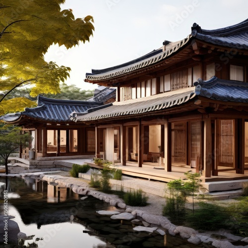 an AI Image Generator, Asian Architecture with Courtyard and Garden Landscaping