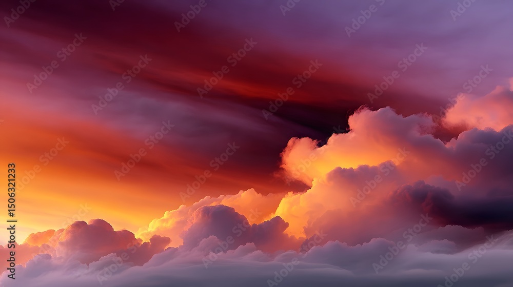 Fototapeta premium Glowing fiery clouds in a fantastical, surreal sky at sunset.