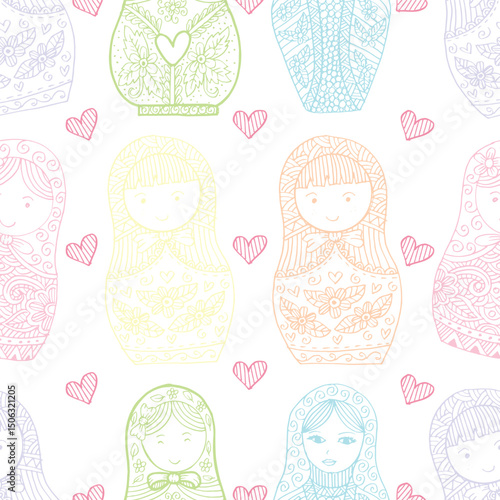 Seamless pattern of hand-drawn matryoshka dolls with hearts and floral details