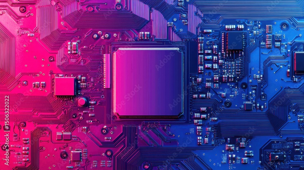 Fototapeta premium Digital Flow Chart Diagram for AI Concept. Vibrant Digital Circuit Board with Microchip and Colorful Background for Technology and Innovation Concepts