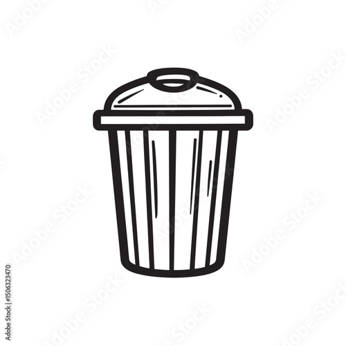 Simple black and white doodle shows a basic trash bin with a lid on