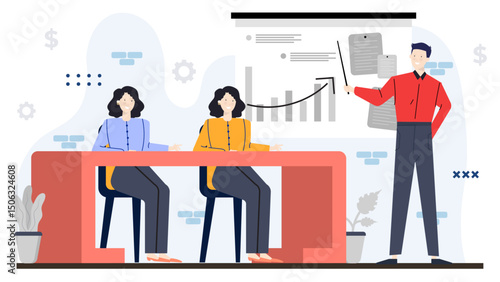 Man presenting a graph to two women. Suitable for business presentations, teamwork concepts, financial reports, diversity in the workplace visuals.