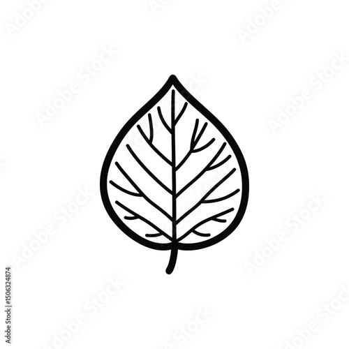 Simple black leaf silhouette with vein structure shows minimalistic design on transparent backdrop