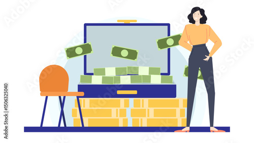 Title Woman stands near a chest full of money. Suitable for financial and wealth themed concepts, money management websites, banking services.