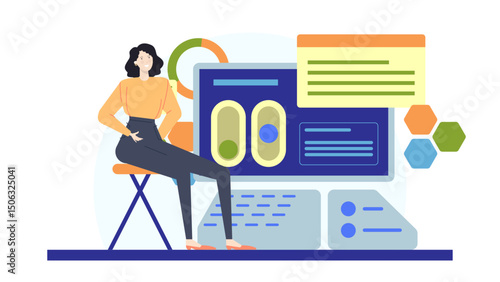 Woman working on a laptop in a modern office setting. Suitable for business, technology, remote work, and freelance concepts.
