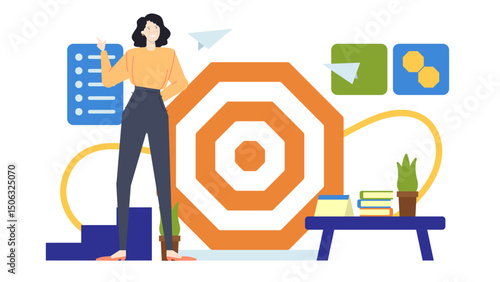 Woman near target and table of books, symbolizing goalsetting and education. Ideal for motivational content, career development, and success themes.