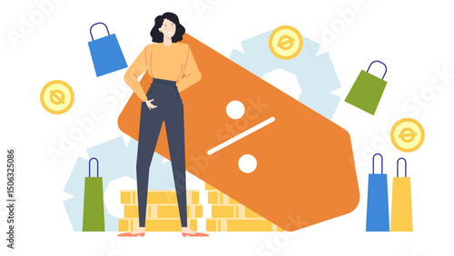 Woman stands near a large orange discount tag and stacks of gold. Ideal for promotions, sales, retail concepts, finance, and money themes.