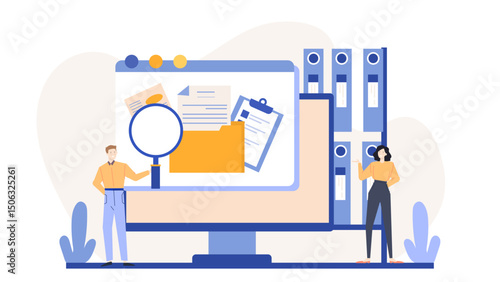 Two people researching on a computer screen, looking for information online. Suitable for technology, research, information seeking concepts.