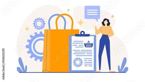 Professional woman with clipboard and gears near shopping bag, symbolizing efficiency and organization for business, finance, or retail concepts.