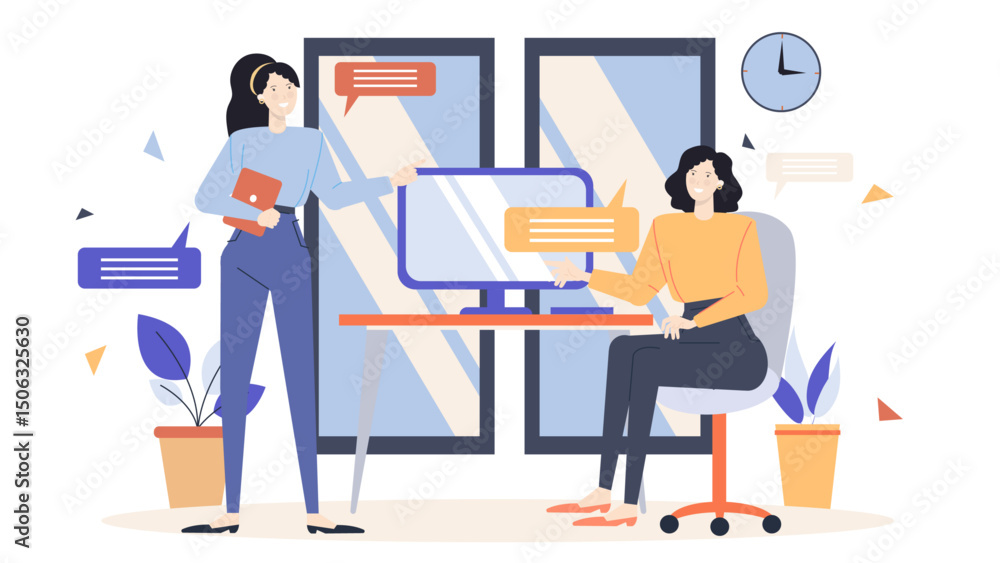 Two women conversing in an office setting with computer and plant; suitable for business, communication, workplace, teamwork concepts. Two women conversing in an office setting with computer and plant; suitable for business, communication, workplace, teamwork concepts.