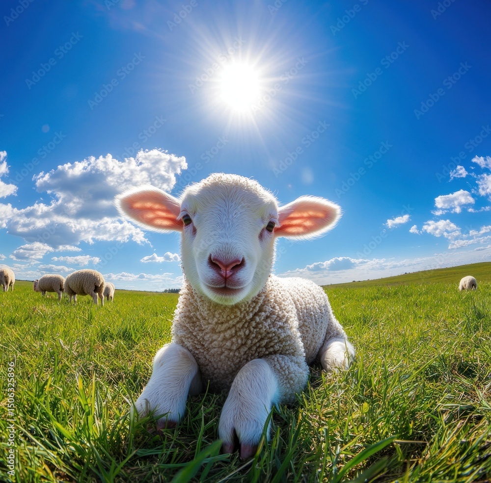 Cute lamb resting in grassy field, sunny day Cute lamb resting in grassy field, sunny day