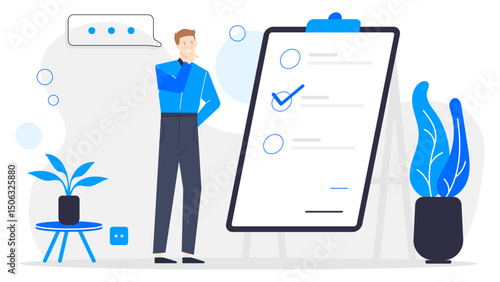 Man near a checklist on an easel, ideal for project management, business planning, goal setting, productivity concepts, and task completion visuals.