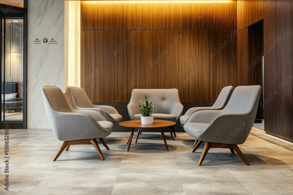 Fototapeta premium Modern lobby seating area with warm wood paneling