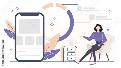 Woman sitting next to mobile phone and dresser, relaxing at home. Suitable for lifestyle, technology, and home decor concepts.