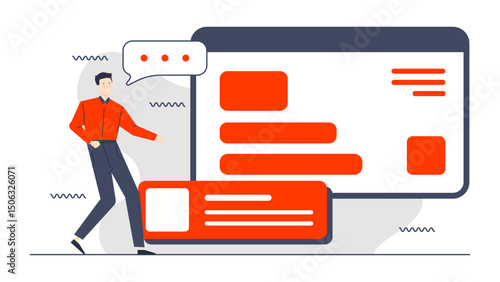 Man showcasing webpage design with orange elements suited for digital marketing or web development presentations and design concepts.