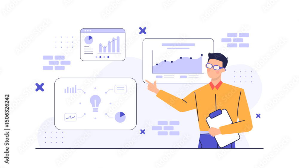 Man explaining graph on whiteboard. Perfect for business presentations, educational materials, corporate blog posts, financial reports, and marketing campaigns. Man explaining graph on whiteboard. Perfect for business presentations, educational materials, corporate blog posts, financial reports, and marketing campaigns.
