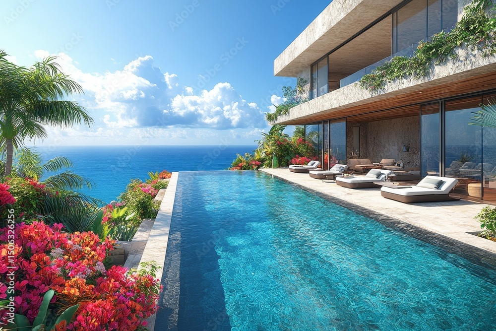 Fototapeta premium Oceanfront luxury villa, infinity pool, tropical garden