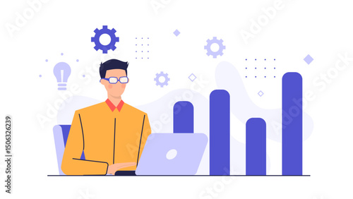 Man using a laptop to work on a project. Suitable for business and technology concepts, remote work, freelance lifestyle illustrations.