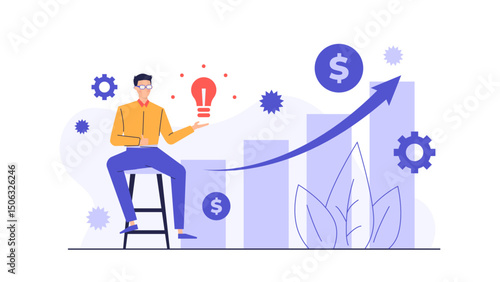 Man sitting with lightbulb above head on stool. Creative, innovative, brainstorming concept image for business, idea generation, problem-solving themes.