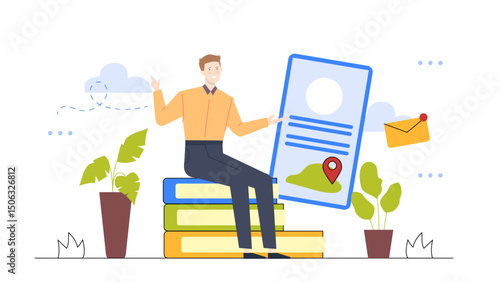 Man points at a map while sitting on a stack of books. Suitable for educational concepts, travel guides, and navigation themes.