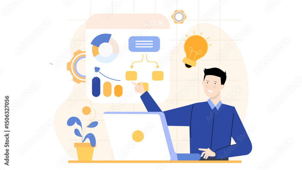 Man explains data on laptop screen for business presentation. Suitable for financial reports, data analysis, statistics, presentations, business meetings. Man explains data on laptop screen for business presentation. Suitable for financial reports, data analysis, statistics, presentations, business meetings.