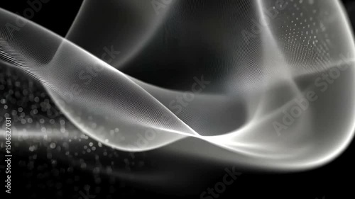 An abstract composition featuring luminous, flowing silver lines over a deep black background, creating a sense of ethereal movement