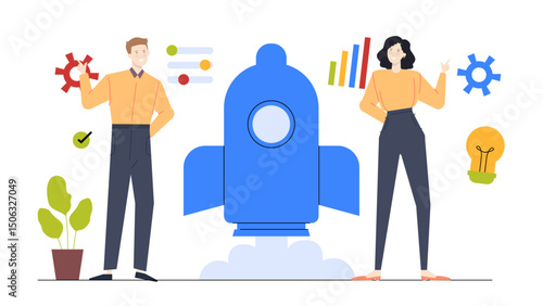 Man and woman stand near a blue rocket. Suitable for science, innovation, teamwork, space exploration concepts in advertising, presentations, or websites.
