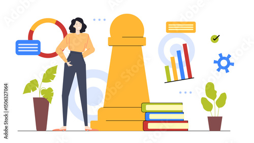 A woman with chess and statistic illustration, business activity concept