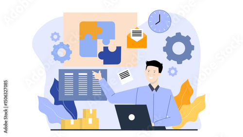 Man working on laptop with list and puzzle pieces. Suitable for technology, problem-solving, organization, and productivity concepts in design projects.
