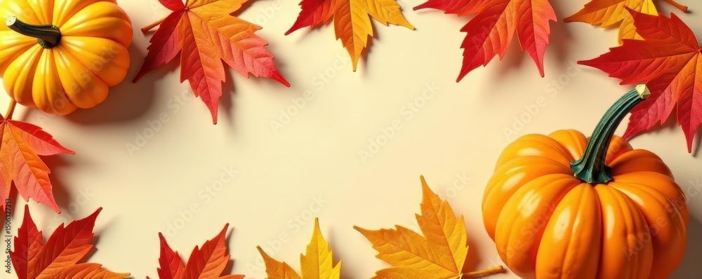 Plump pumpkins, vibrant autumn leaves cast shadows on beige backdrop , nature, autumn leaves Plump pumpkins, vibrant autumn leaves cast shadows on beige backdrop , nature, autumn leaves