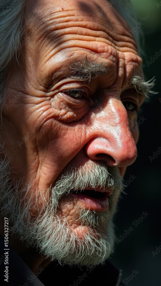 An elderly man with tears on his face listens to a lamentation song, the interplay of tree shadows creating a poignant atmosphere filled with emotion. An elderly man with tears on his face listens to a lamentation song, the interplay of tree shadows creating a poignant atmosphere filled with emotion.
